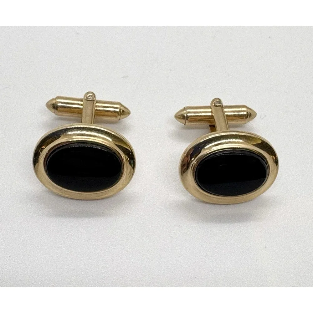 Vintage Hadley USA 12K Yellow Gold Filled Oval Black Onyx Bullet Back Cufflinks
